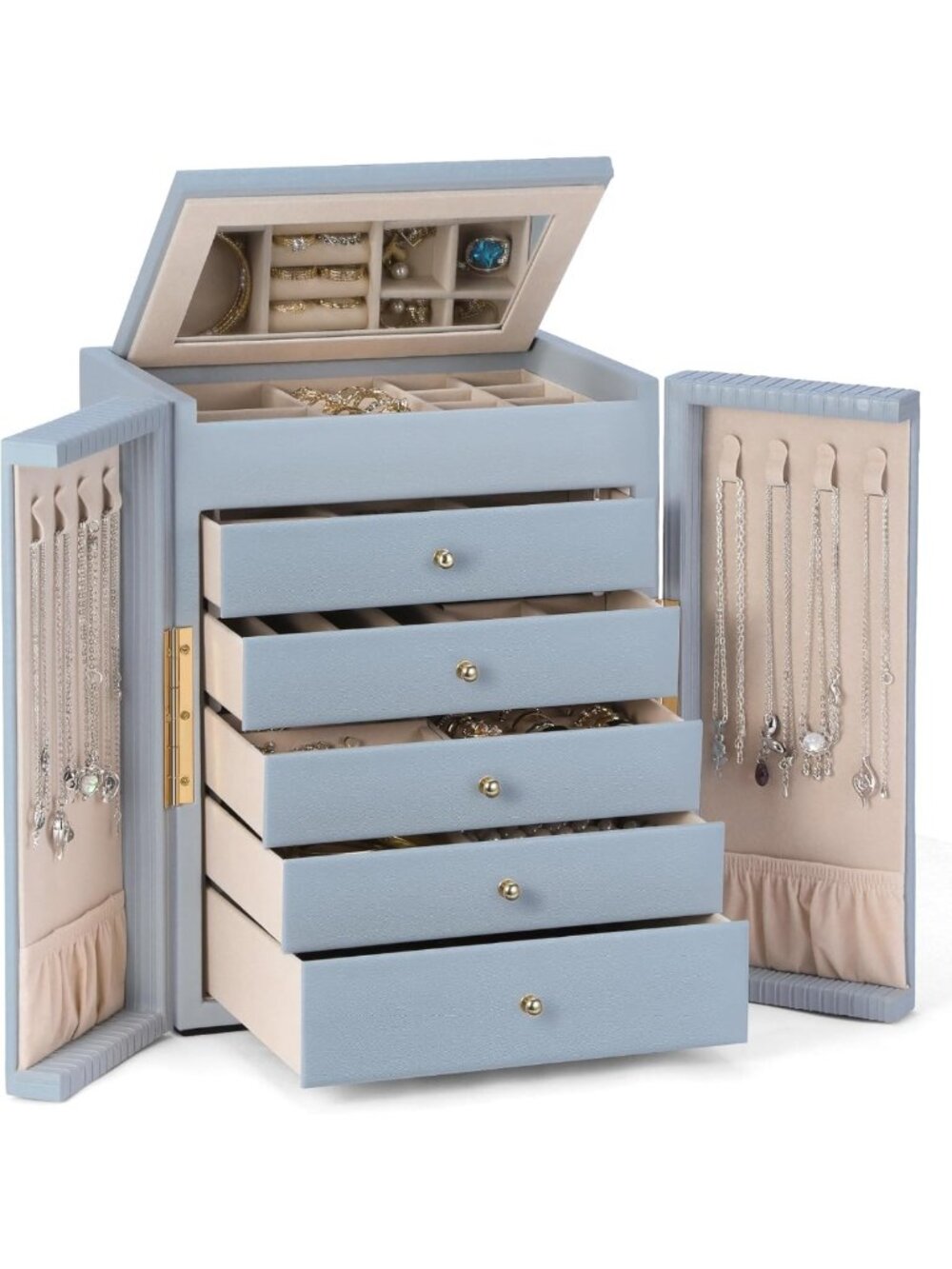 Stylish Large Jewelry Organizer Box with 6 Tiers, 5 Drawers & Mirror - Perfect